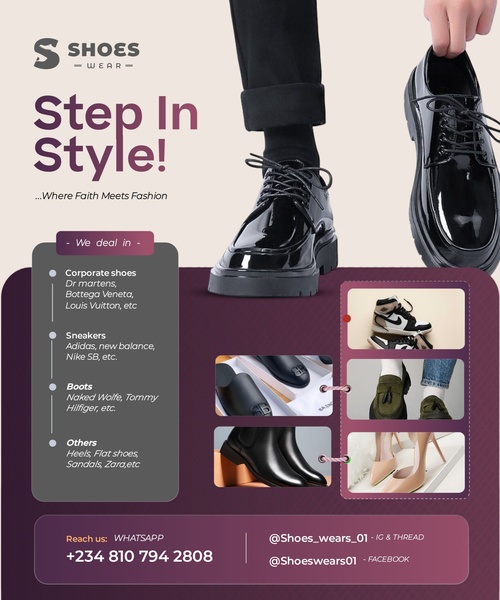 shoes, sneakers, boots, heels, dress shoes, flat shoes, sandals, brand awareness, new arrival, lifestyle, modern typography, bold, trustworthy, purple, black, neutral